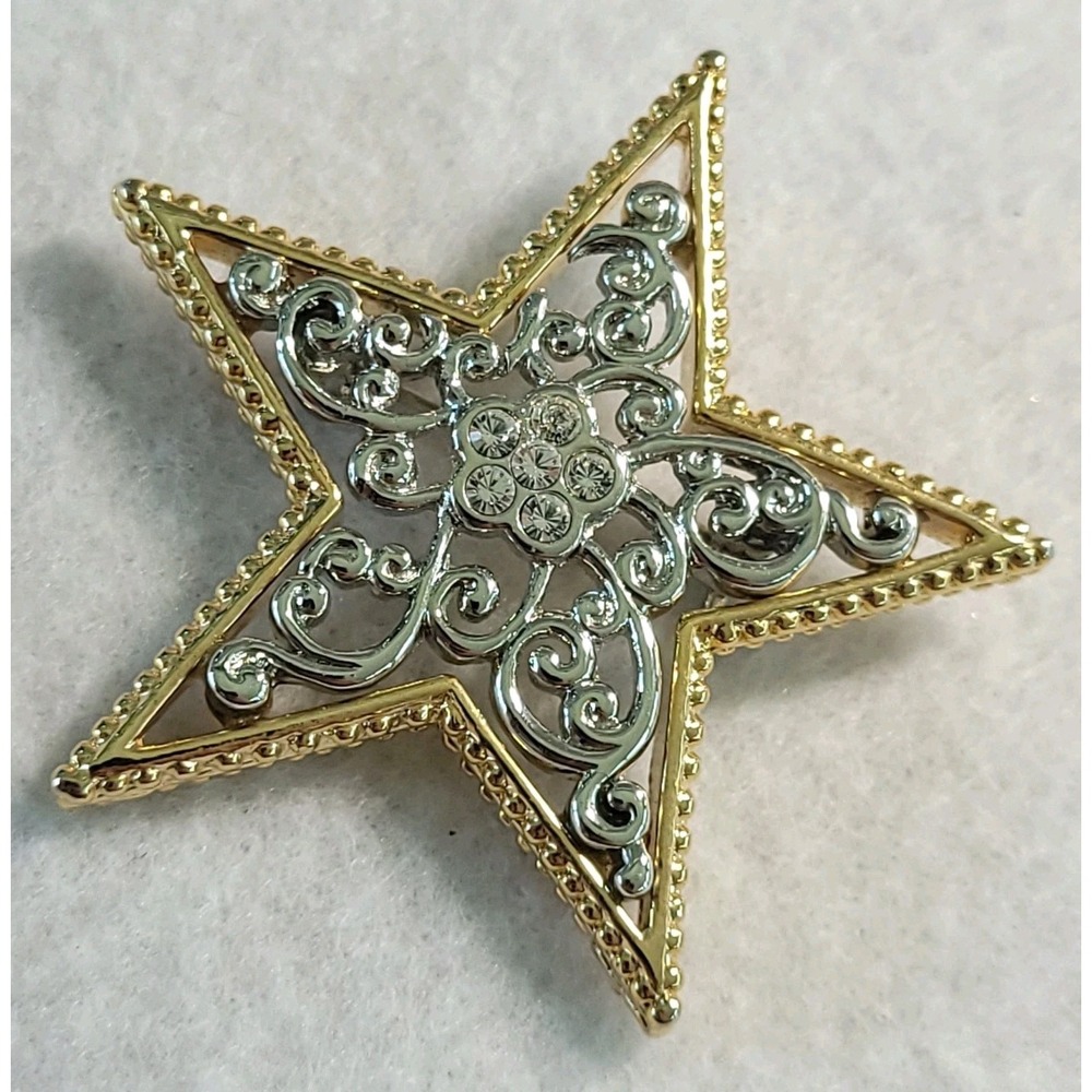 Vintage Two Tone Star Brooch Gold Silver Scrollwork Rhinestone Celestial Pin